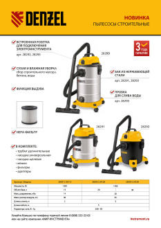 Новинка Denzel. Пылесосы строительные 28291, 28292, 28293.